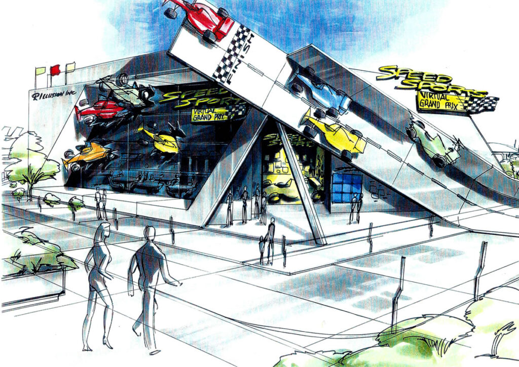 Concept drawing of Showscan's race car simulator
