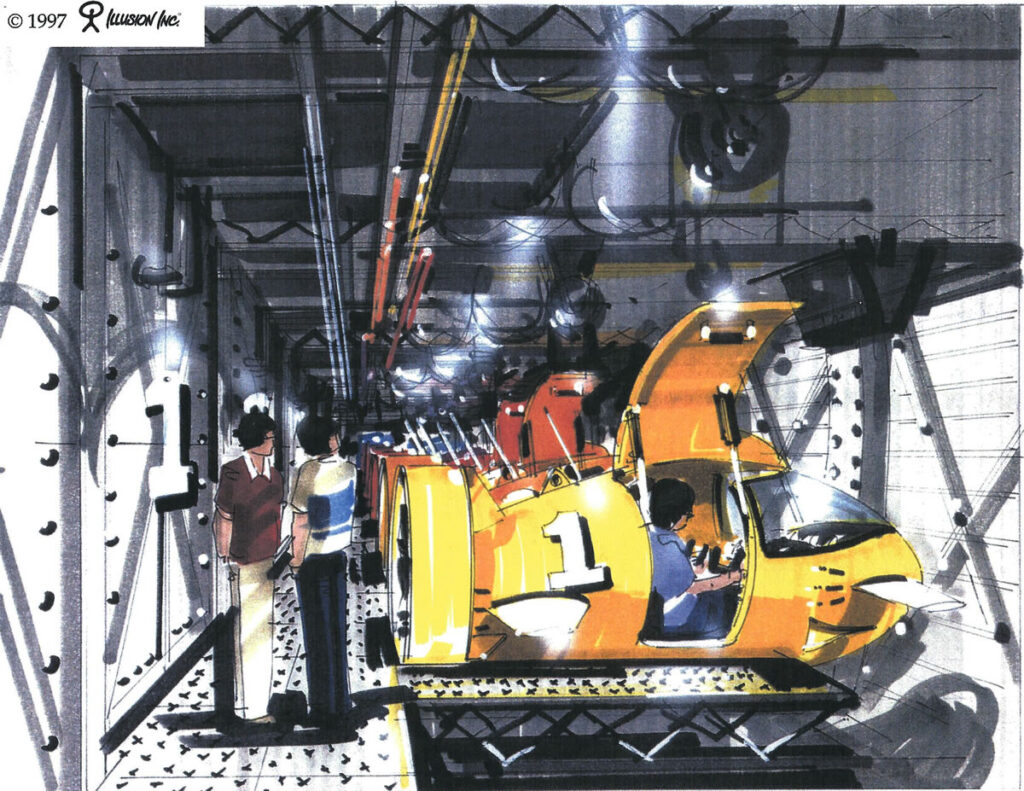 Drawing of Showscan's Osaka submarine simulator